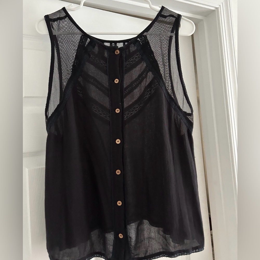 Beautiful Free People Lace Button Back Sleeveless Blouse Black/Blue Size Medium